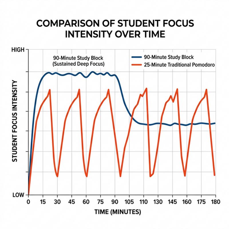 Increase in student focus intensity over a 90-minute study block vs 25-minute block